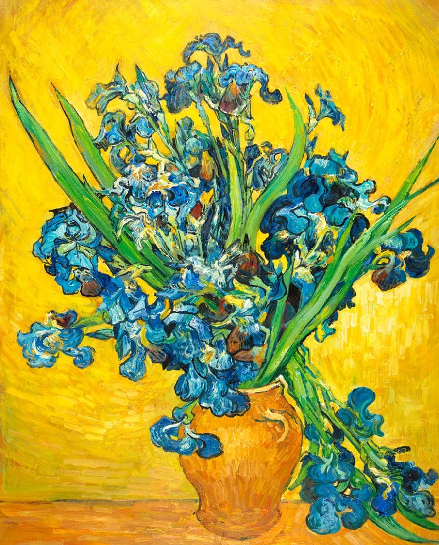 黄色の背景を背景にしたアイリスの花瓶を描いたゴッホの絵画