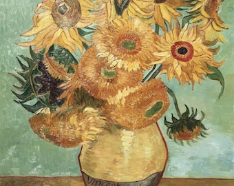 ゴッホの油絵「ひまわりが3輪入った花瓶」の複製。キャンバスに油彩で