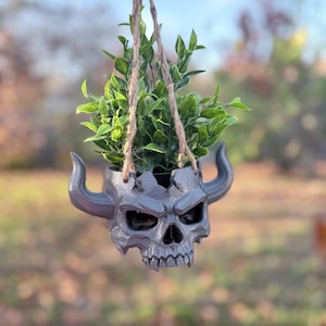 May include: A hanging planter shaped like a skull with horns, painted in shades of gray. The planter is filled with green leafy plants and suspended by a brown rope. The skull has detailed features and is set against a blurred outdoor background.