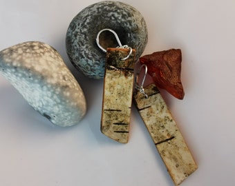 Birch bark earrings from natural wood. Silver earwires.