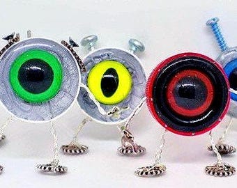 Recycled Tech Parts Robot Sculpture – Steampunk Desk Accessory: Bottle Bots