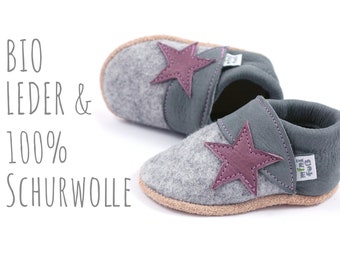 Bio Leder Krabbelschuhe minifußBio870, Hausschuhe für Kleinkinder, Babyschuhe aus pflanzlich gegerbtem Leder und 100% Schurwollfilz