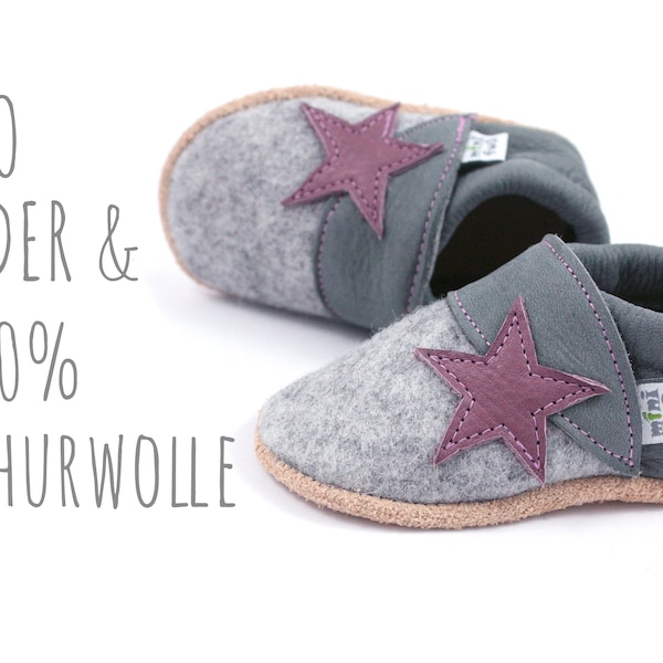 Bio Leder Krabbelschuhe minifußBio870, Hausschuhe für Kleinkinder, Babyschuhe aus pflanzlich gegerbtem Leder und 100% Schurwollfilz