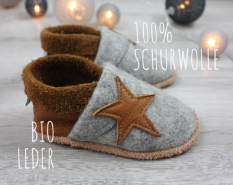 Bio Leder Krabbelschuhe minifußBio895/899, Hausschuhe für Kleinkinder, Babyschuhe aus weichem, pflanzlich gegerbtem Leder u. warmem Wollfilz