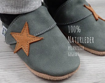 Bio Leder Krabbelschuhe minifußBio862, Hausschuhe für Kleinkinder, Babyschuhe aus weichem, pflanzlich gegerbtem Leder für süße Minifüßchen.