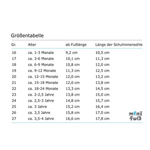 May include: A size chart for baby shoes, showing the corresponding age, foot length, and insole length in centimeters. The chart is labeled "Gr&ouml;&szlig;entabelle" which translates to "Size Chart" in English.