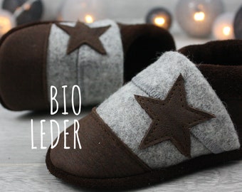 Bio Leder Krabbelschuhe minifußBio703, Hausschuhe für Kleinkinder, Babyschuhe aus weichem, pflanzlich gegerbtem Leder und 100% Schurwollfilz