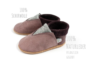 Bio Leder Krabbelschuhe minifußBio893, Hausschuhe für Kleinkinder, Babyschuhe aus pflanzlich gegerbtem Leder, gefüttert mit weichem Wollwalk