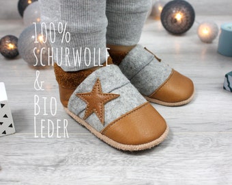 Bio Leder Krabbelschuhe minifußBio898, Hausschuhe für Kleinkinder, Babyschuhe aus pflanzlich gegerbtem Leder und 100% Schurwollfilz