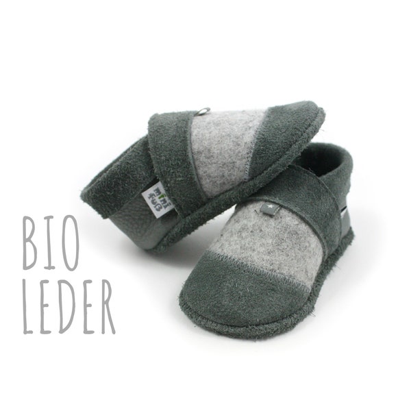 Bio Leder Krabbelschuhe minifußBio815, Hausschuhe für Kleinkinder, Babyschuhe aus pflanzlich gegerbtem Leder und 100% Schurwollfilz