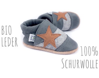 Bio Leder Krabbelschuhe minifußBio867, Hausschuhe für Kleinkinder, Babyschuhe aus pflanzlich gegerbtem Leder und 100% Schurwollfilz