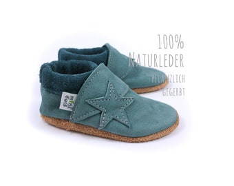 Bio Leder Krabbelschuhe minifußBio706, Hausschuhe für Kleinkinder, Babyschuhe aus weichem, pflanzlich gegerbtem Leder für süße Minifüßchen.