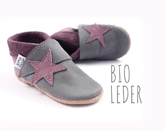 Bio Leder Krabbelschuhe minifußBio869, Hausschuhe für Kleinkinder, Babyschuhe aus weichem, pflanzlich gegerbtem Leder für süße Minifüßchen.