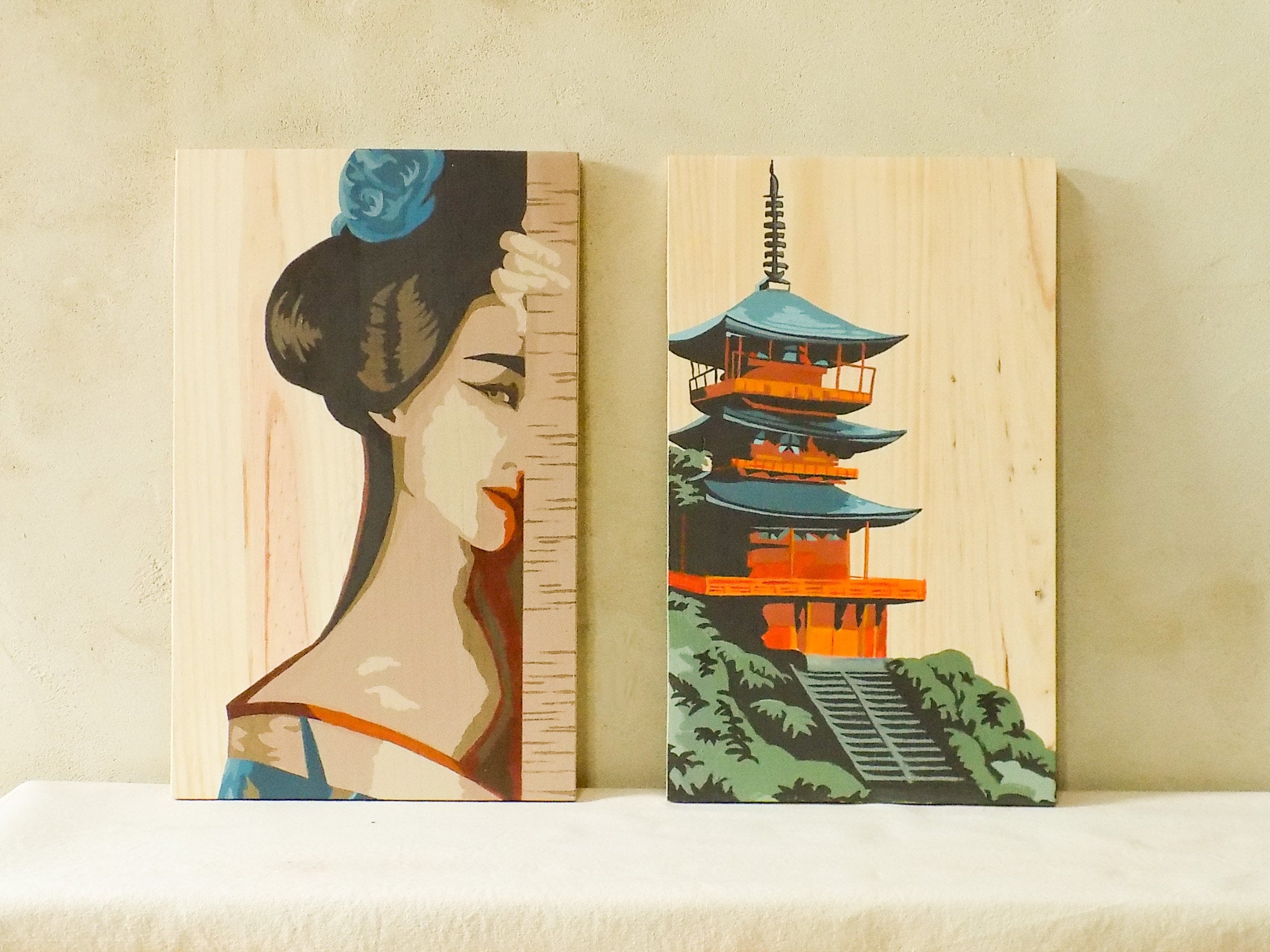 Modern japanese art wood wall art set of 2 Japanese gifts Etsy