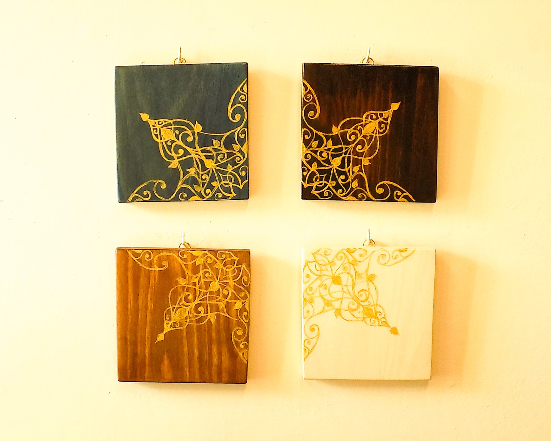Set Of Golden Mandala Colors Wood Wall Decor Four Golden Etsy