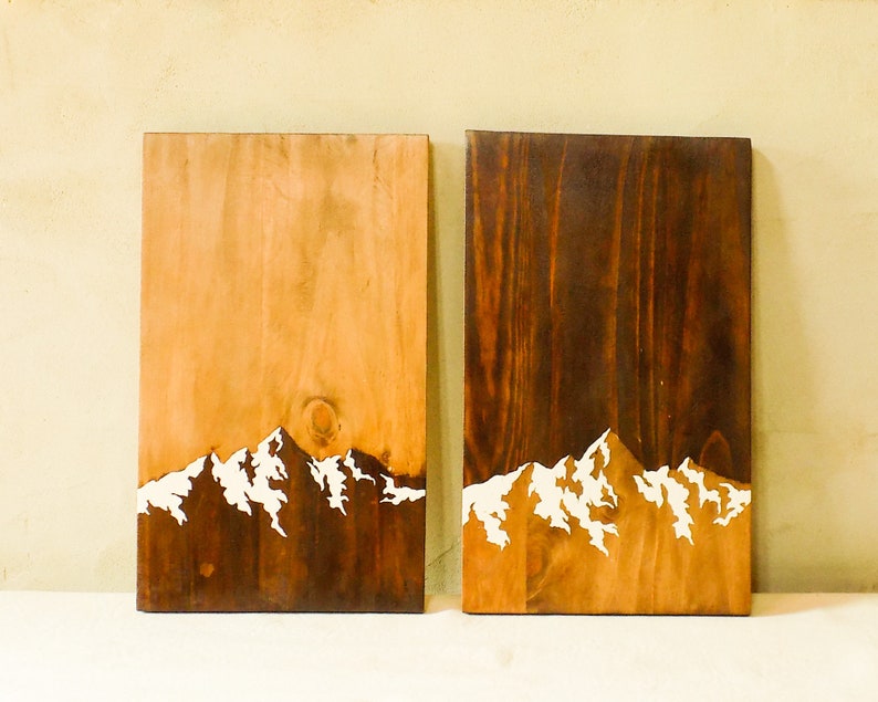 Set of 2 wall art snowy mountains wall art Wood wall art Etsy