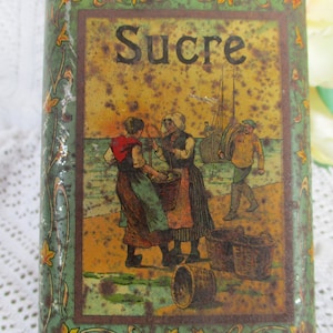 Antique Lithographed TIN BOX Canister SUCRE Chicorée Leroux circa 1900 seaside decor