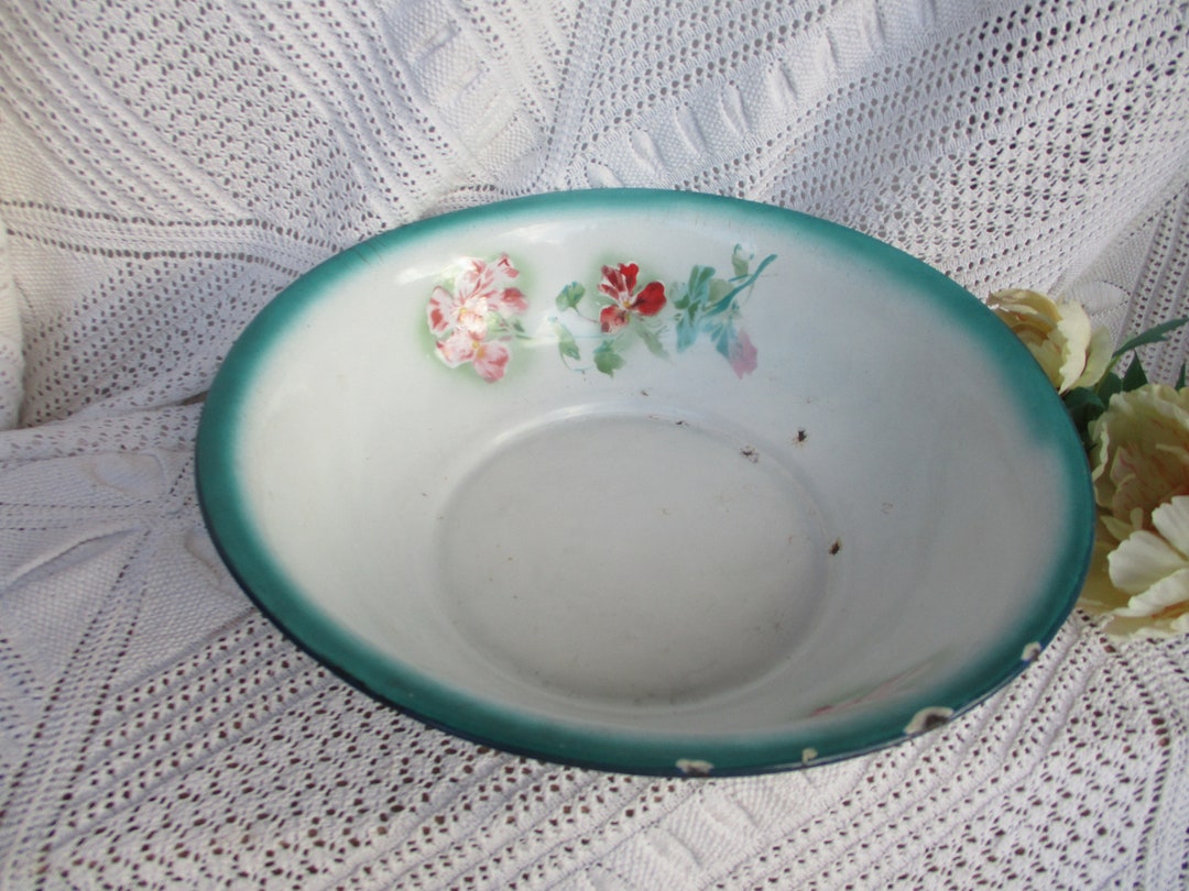 Antique French Enamelware WASH BASIN in White With Light Pink Etsy