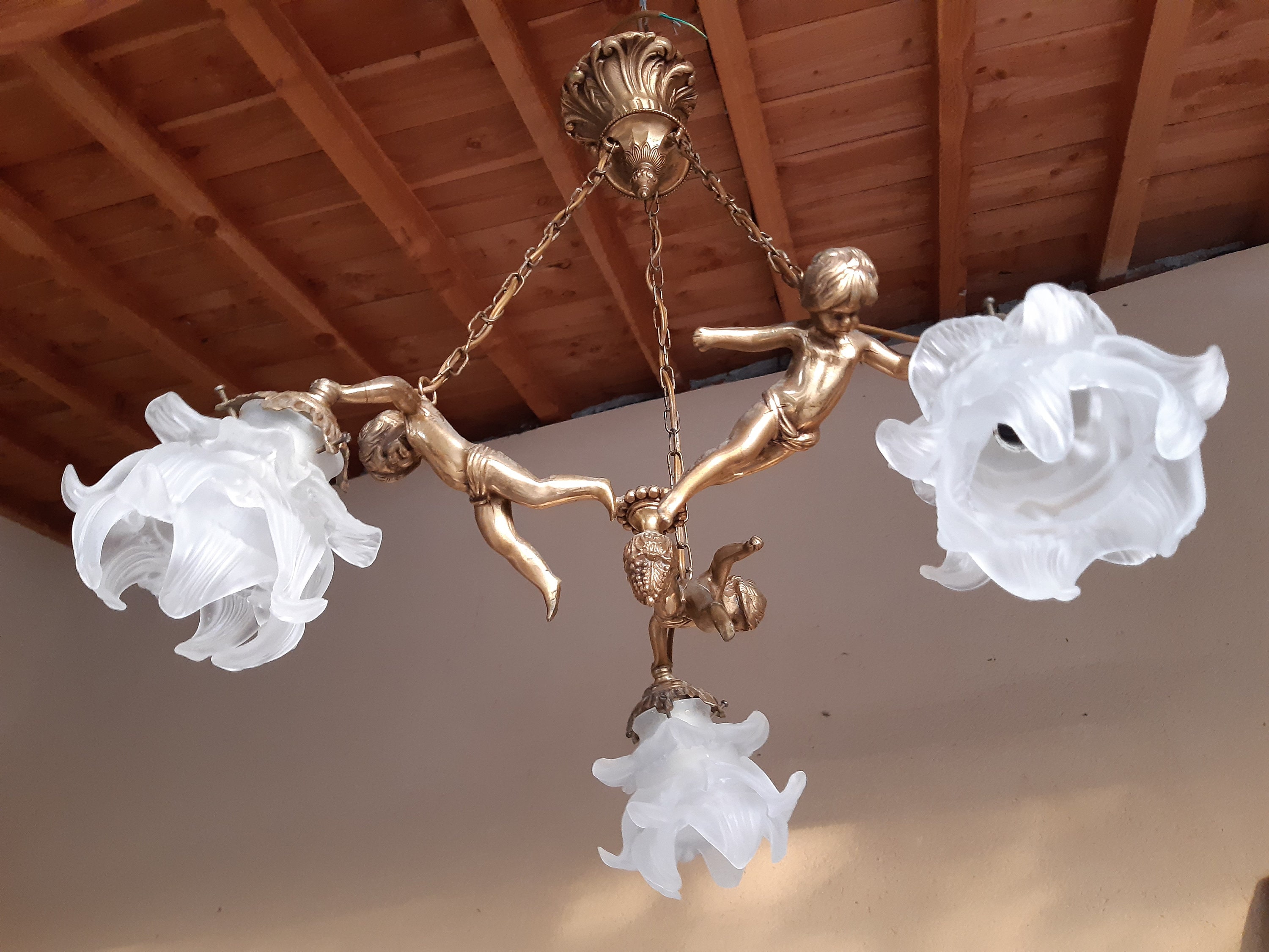 Antique Bronze Doré Chandelier 3 Lumières. 1950's Cherubs Glass Shade
