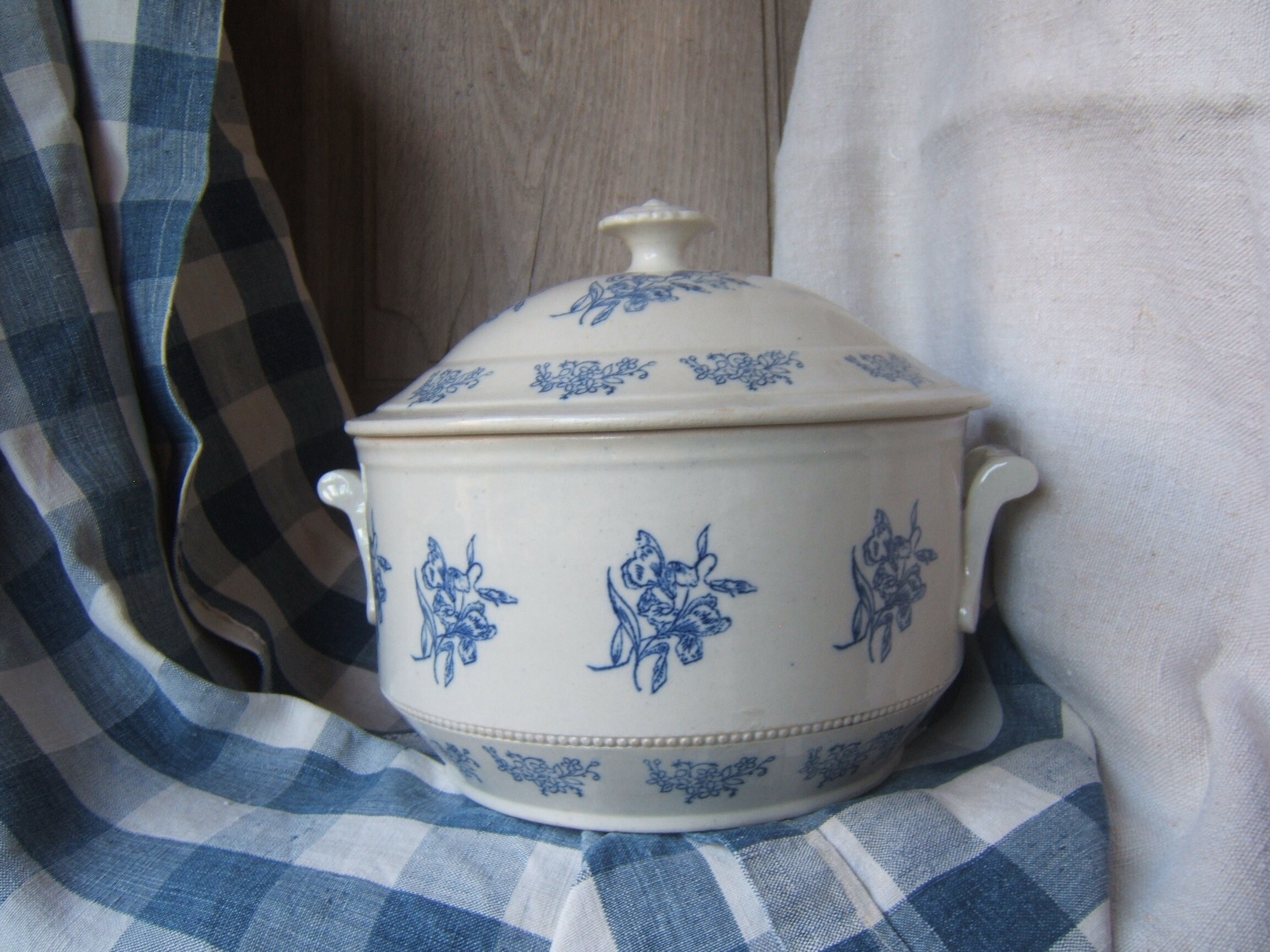 Soupe Antique Tureen French Fire Porcelain Ironstone St Uze Blue Flowers | Bleu Cobalt Sous Émail Fi