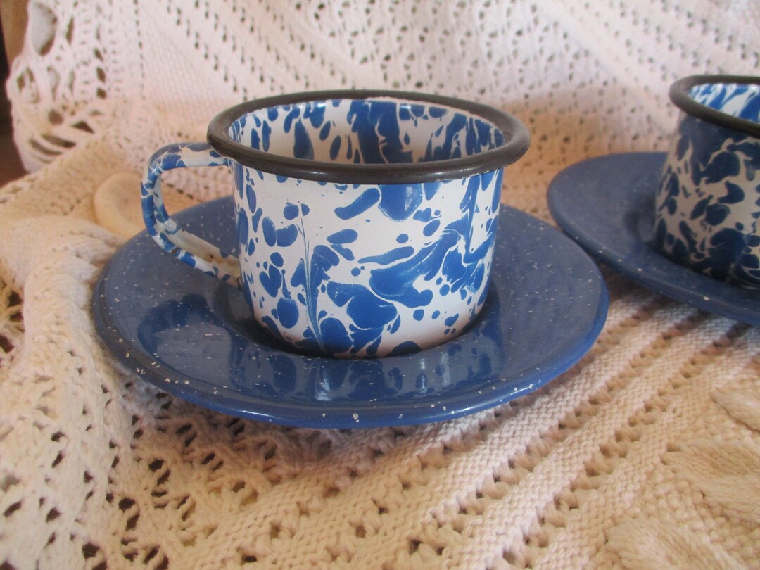 French Vintage Enamel Enamelware Granitware 3 CUPS and SAUCERS Blue and ...