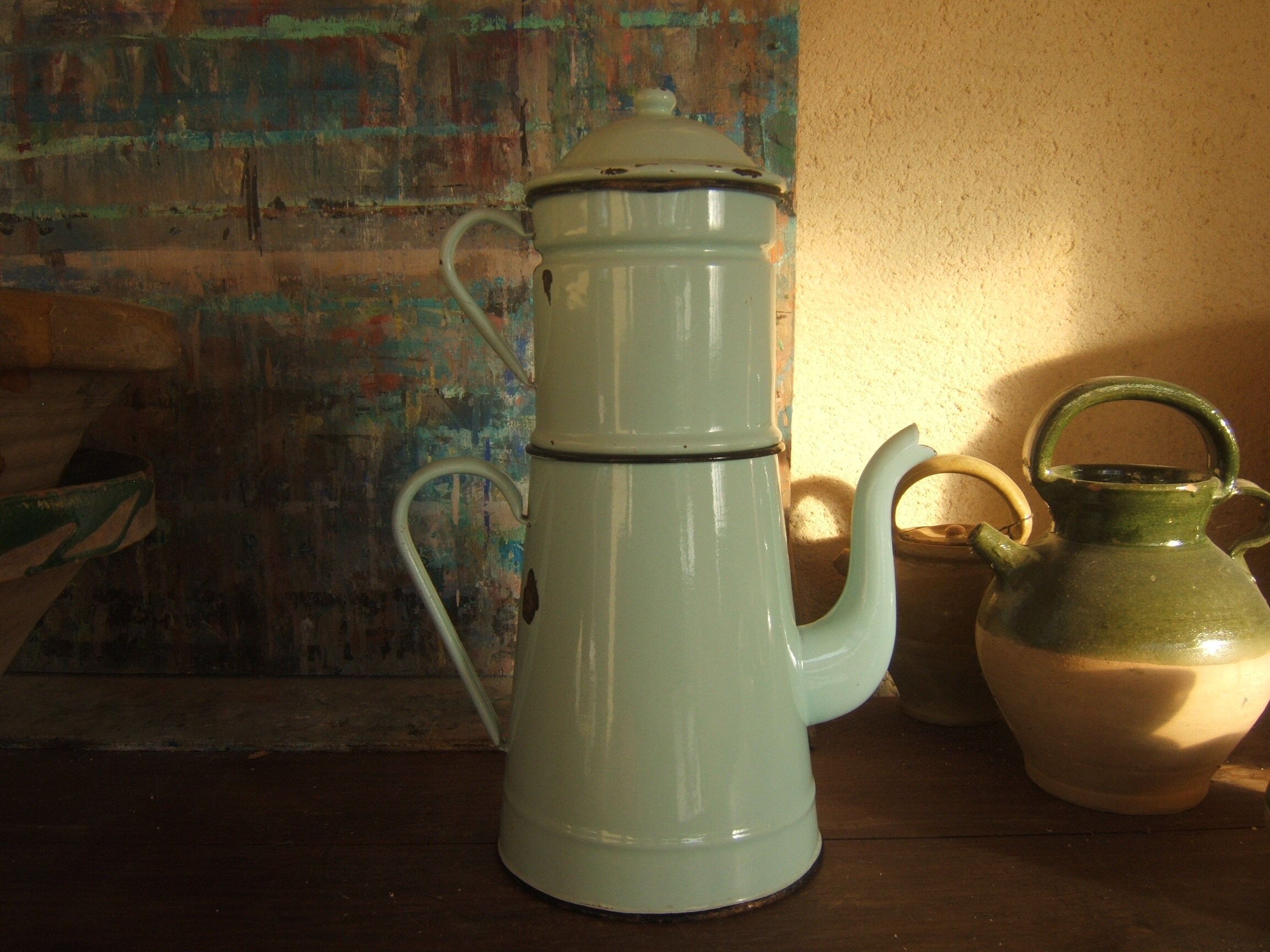 Français Enamelware Brocante Eau Vert Motif Pot de Café Blondin Ca 1930
