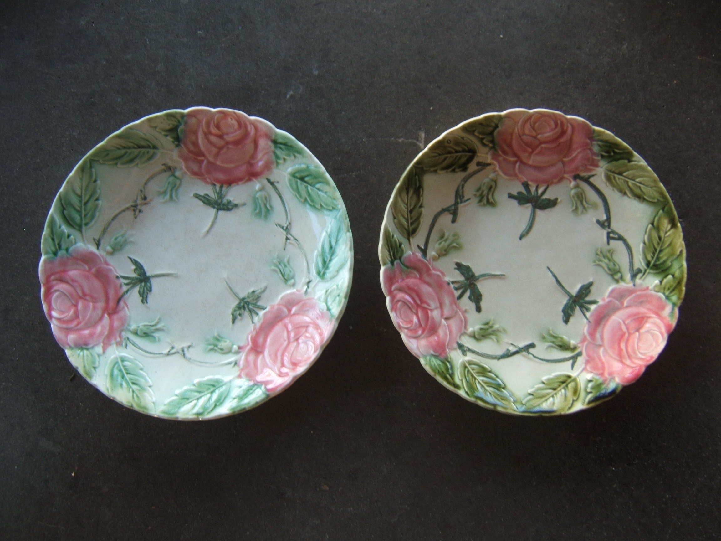 2 Antiquités Plaques Majolica Fleurs Roses Roses Circa 1900 Onnaing