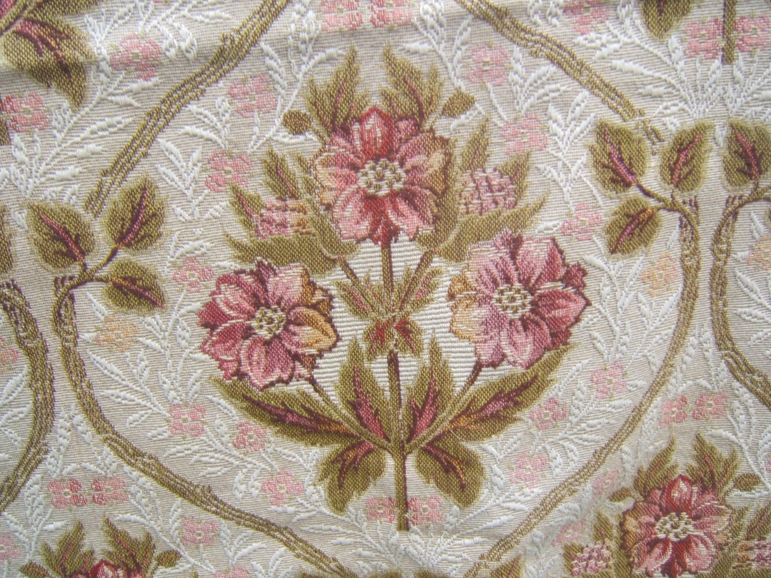 Antique French Pannel TAPESTRY CURTAIN FABRIC Pink Flowers Peony 1850