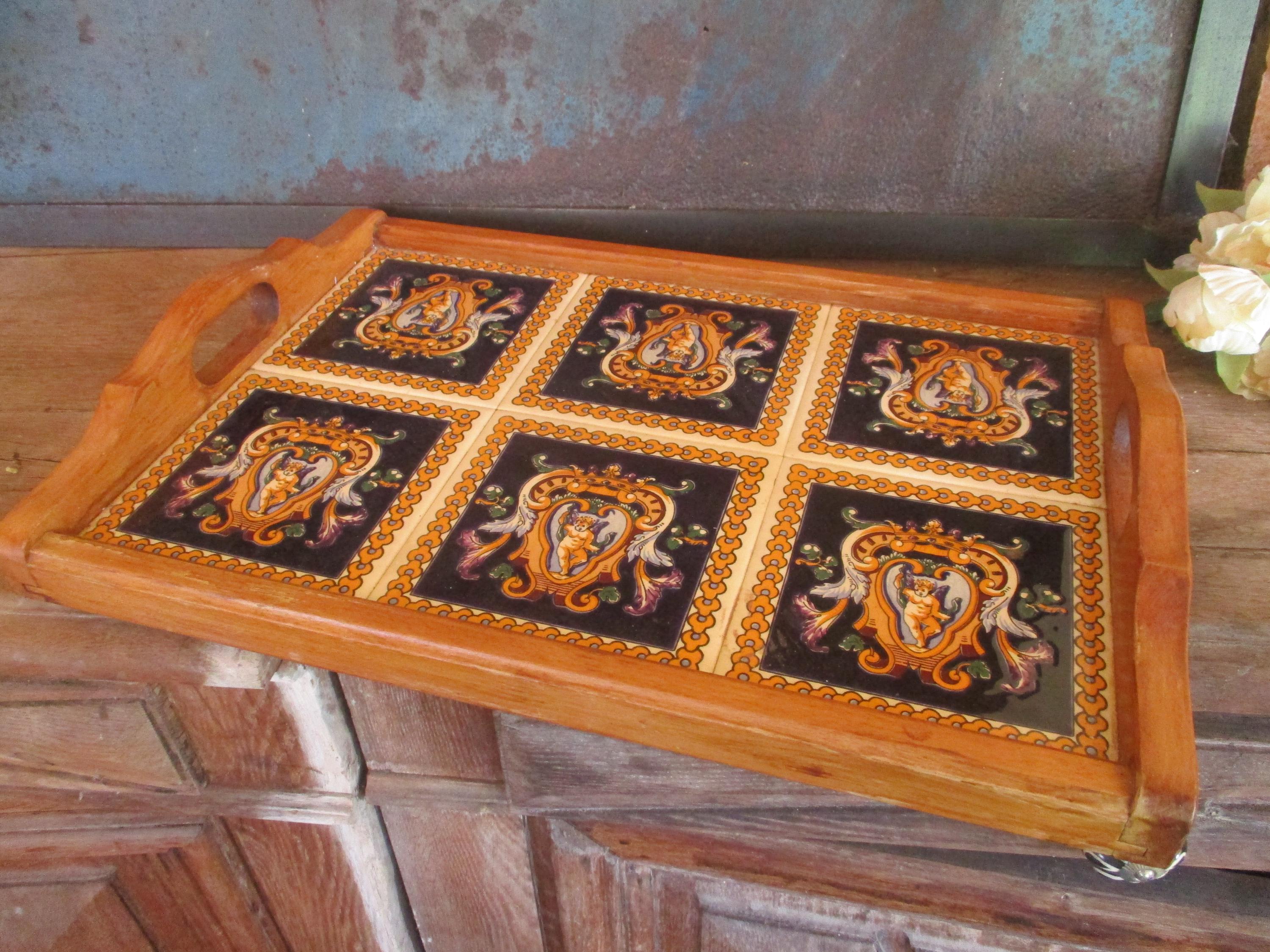 Vintage Large Wooden Serving Tray GIEN Faience Blue Tiles With Vintage Large Wooden Serving Tray GIEN Faience Blue Tiles With
