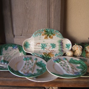 Rare!!! Set French vintage Majolica ASPARAGUS 6 PLATE and SERVER from Manufactory Salins