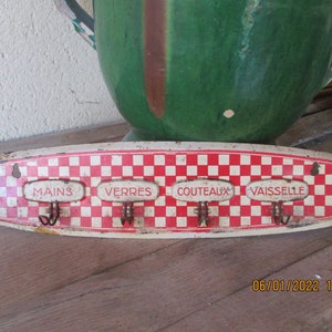 Antique Old Vintage  Red Painted Toleware Kitchen TOWEL HOLDER. LUSTUCRU Checkered Checks Circa 1940