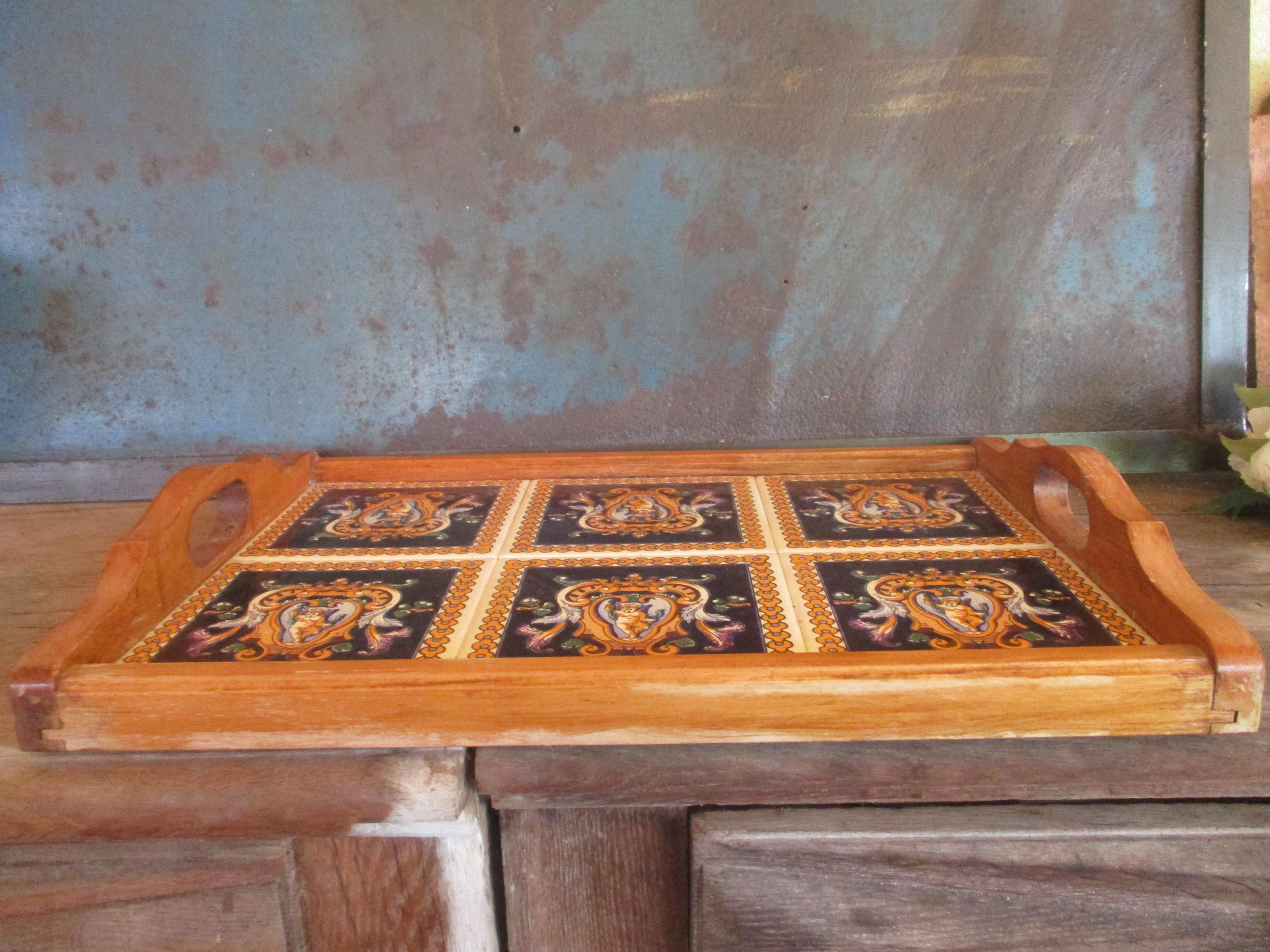 Vintage Large Wooden Serving Tray GIEN Faience Blue Tiles With