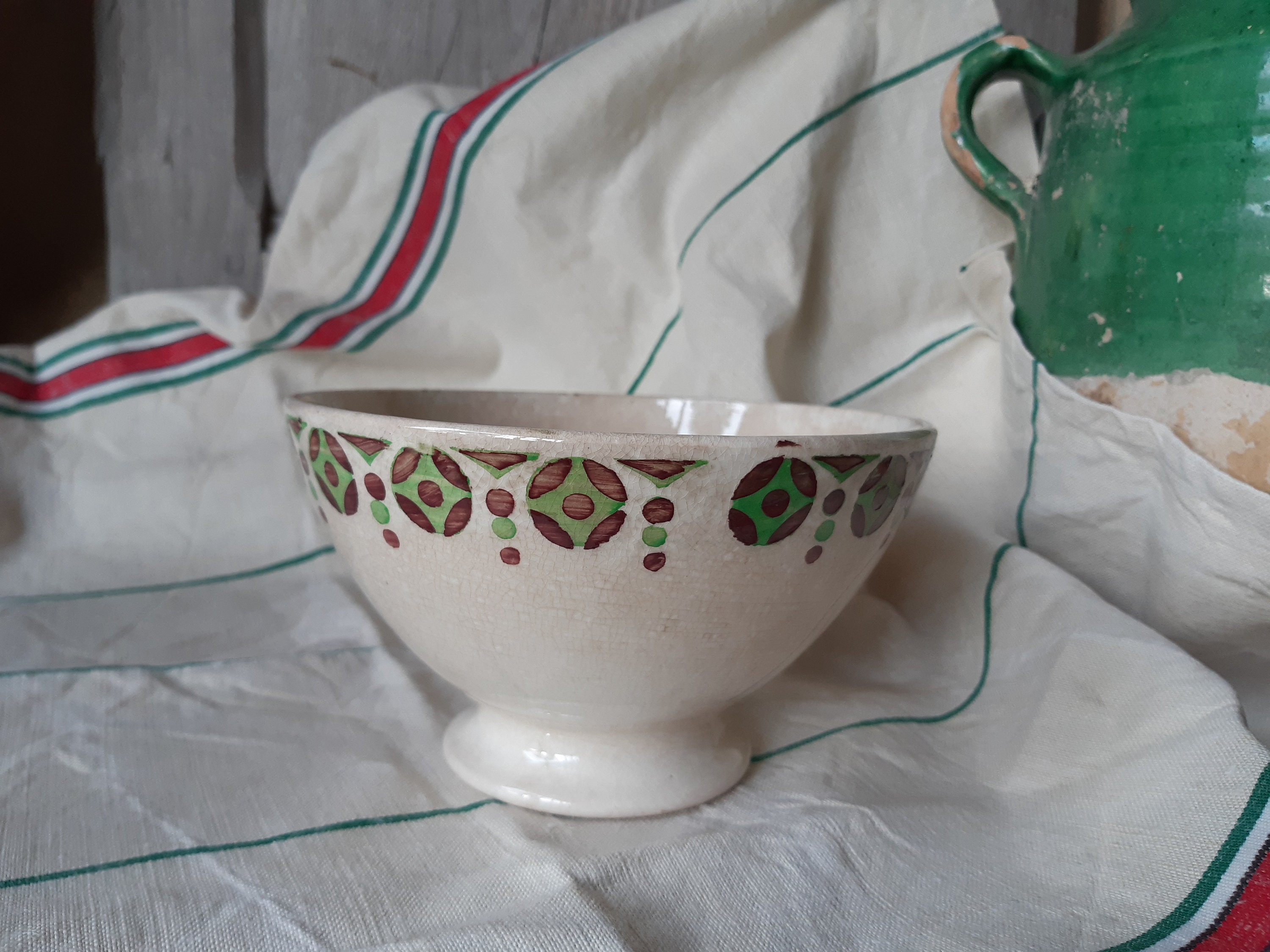 Antique Cafe Au Lait Français Bowl Vert Brun Points Pattern Art Déco. Digoin Sarreguemines