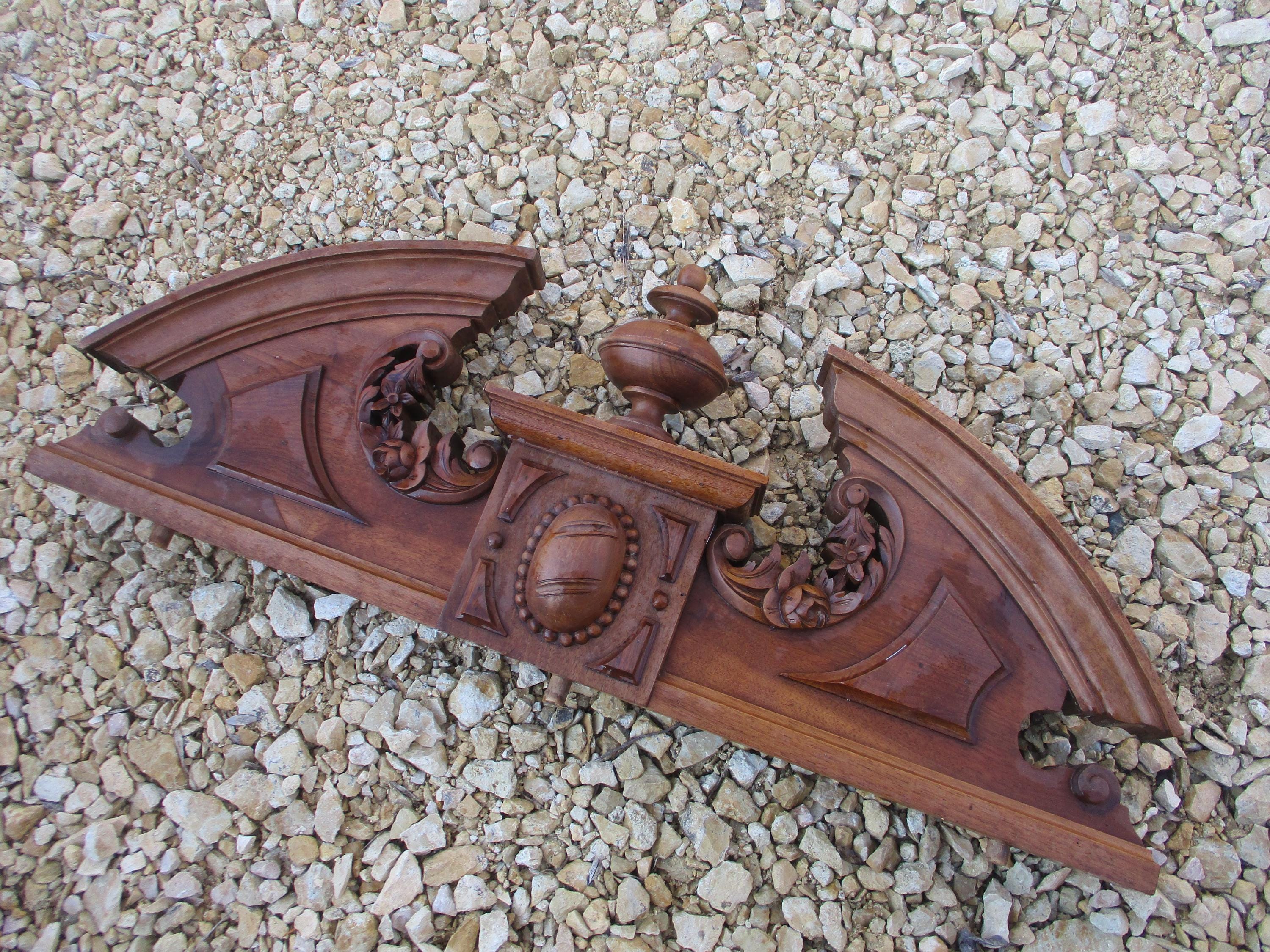 Antique French ARCHITECTURAL Large WOOd walnut PEDIMENT Fronton 19th Century Salvage circa 1900. Neo-Greek. ROSES garland