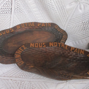 Two antique hand carved wooden oval BREAD trays marked &quot;Give us our daily bread&quot;. ears of wheat