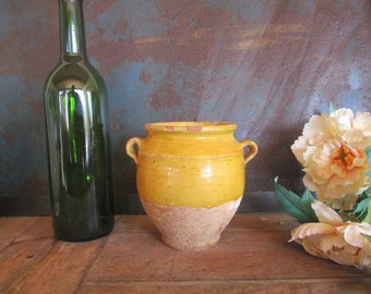 So cute...Antique French Small CONFIT POT Mustard Glaze EARTHENWARe Countryfarm Kitchen Southwest 19th