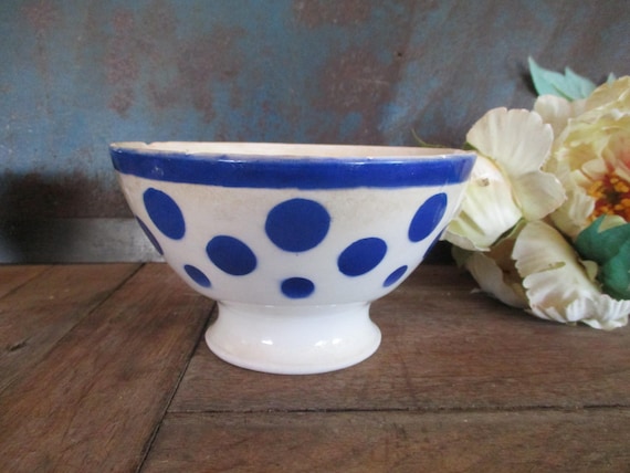 ヴィンテージ陶器 ブルー水玉模様 ボウル「カフェ・オ・レ」 フランス