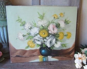 old french OIL CANVAS PAINTING of pink white yellow Anemones Buttercups  Signed