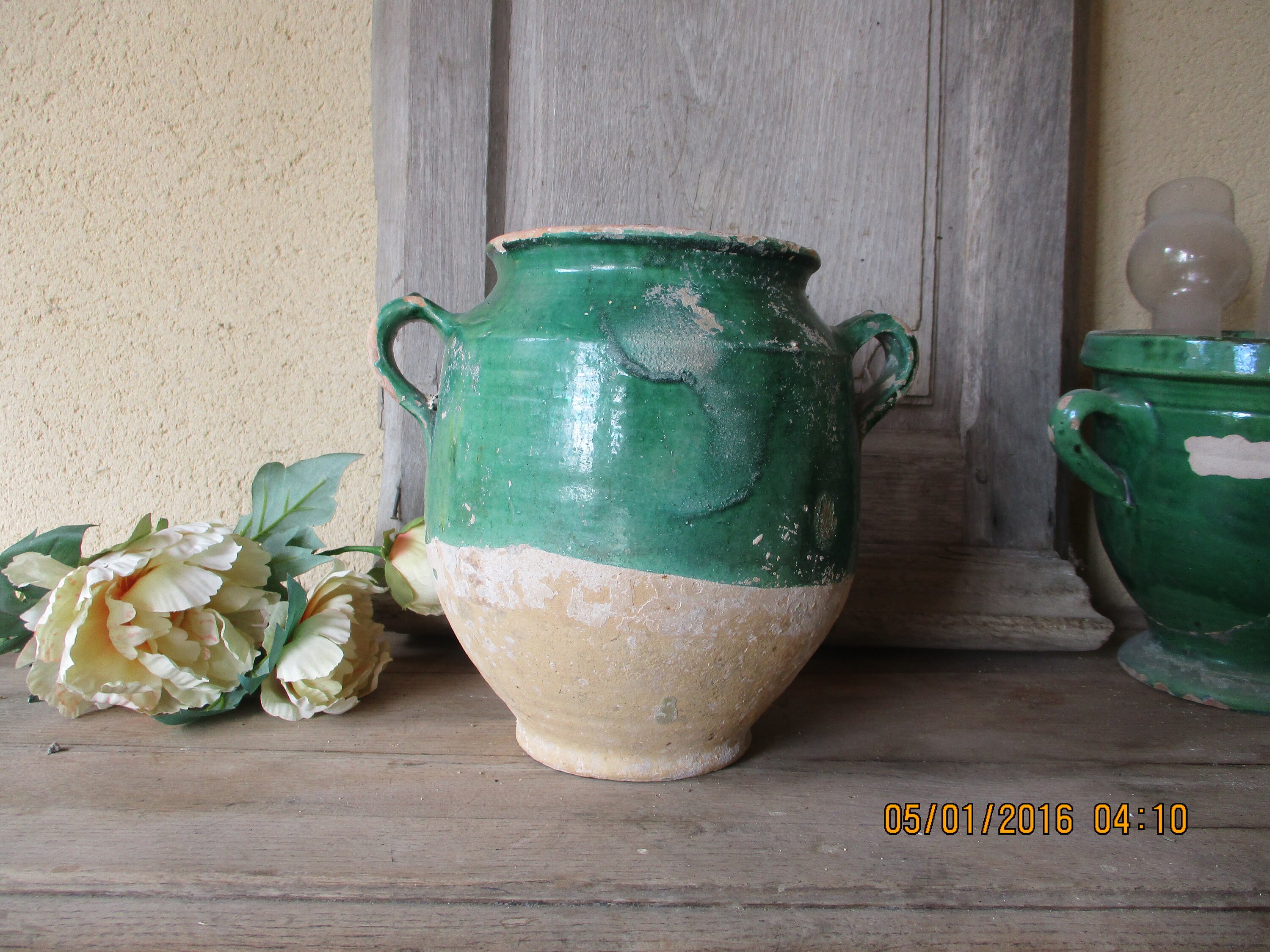 Antique Français Earthenware Green Glaze Confit Pot Pottery 19Thc