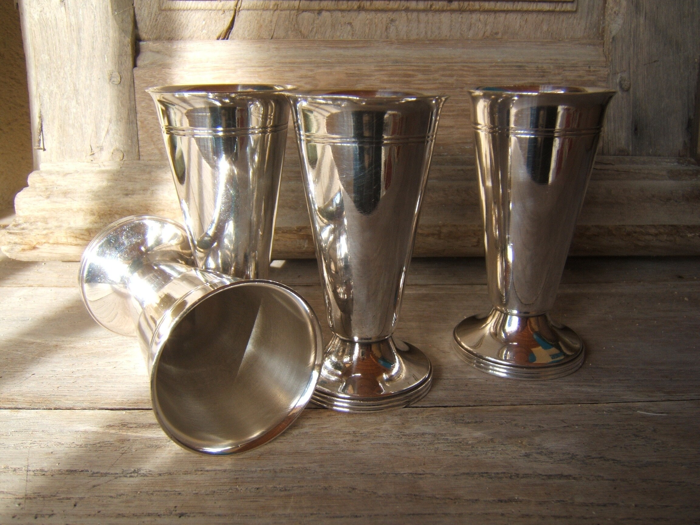 Antique Vintage St 4 Cupes Cuplet Argent Métal Sorbet Ice Art Déco Glacier Champagne
