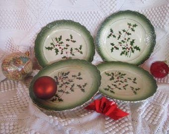 Antique French Earthenware PLATES. Green Shaded Base, Stenciled Decoration of HOLLY Branches and Red Balls. set of 4 CHRISTMAS Table Plates