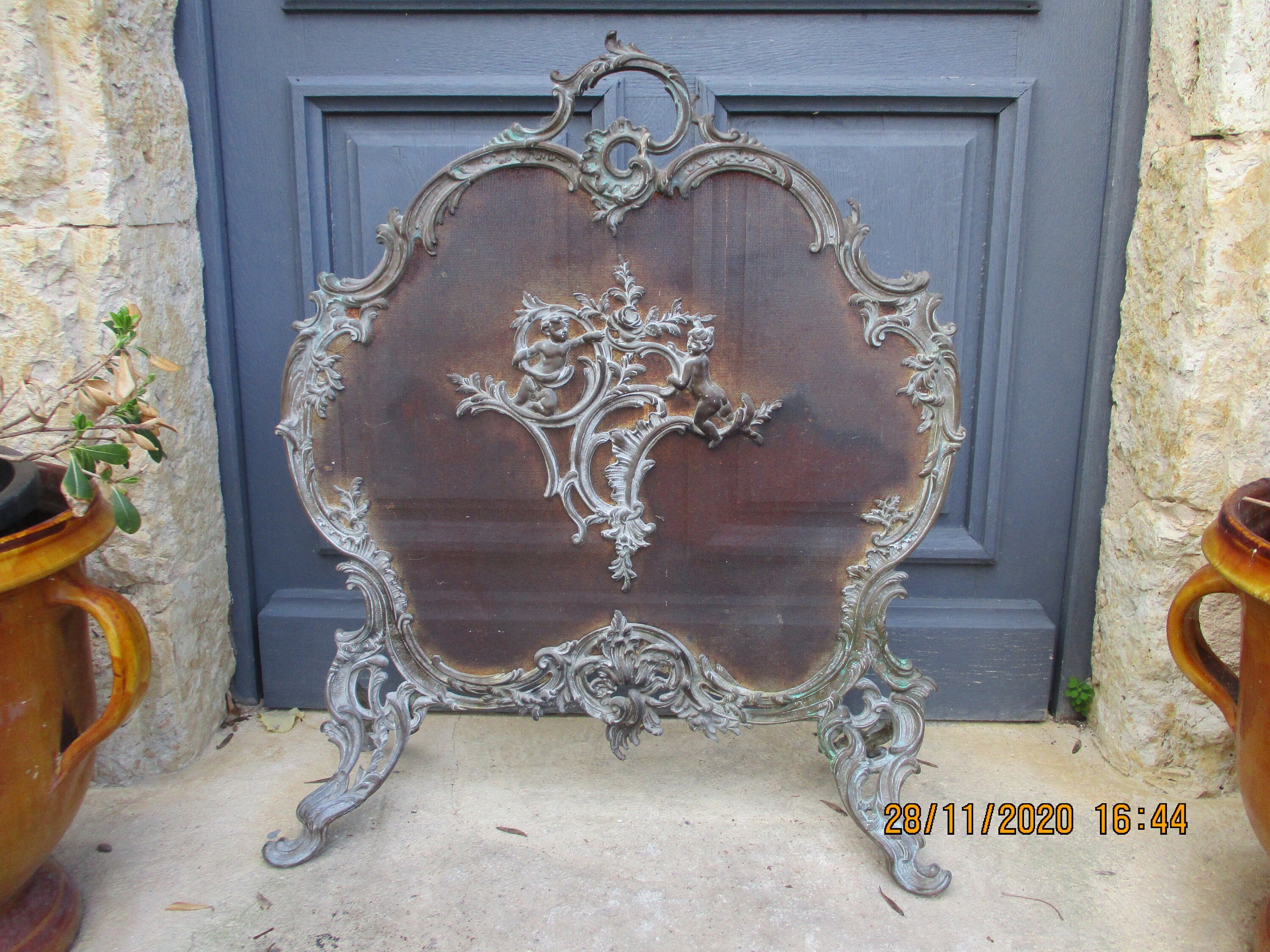 Français Antique Baroque Rococo Bronze Fireplace Pare-Feu. Cherub Putti 19Ème