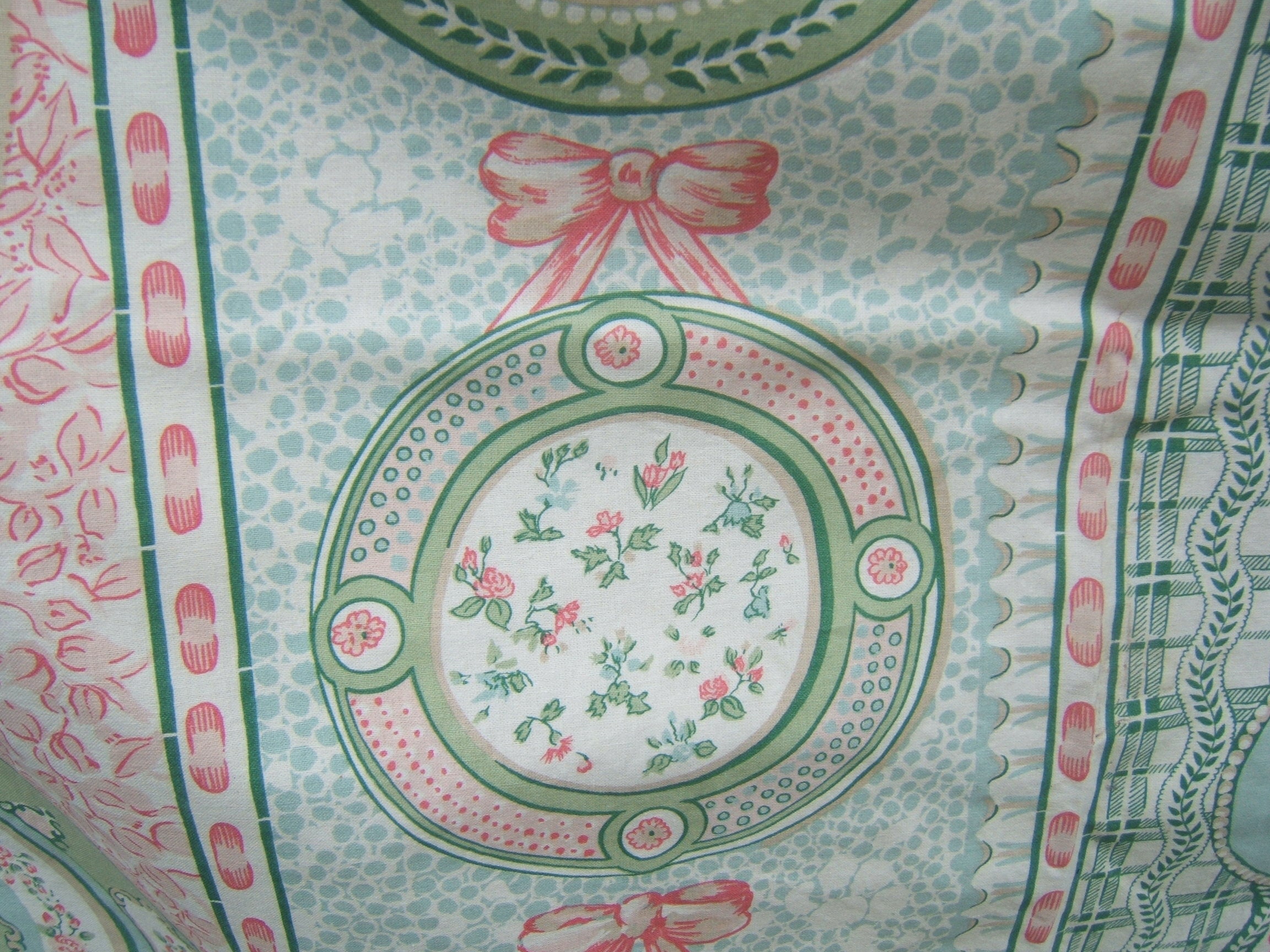 Antique Français Paire Rideau Tissu Rosace Vert Rose Ruban Roses 1950/60