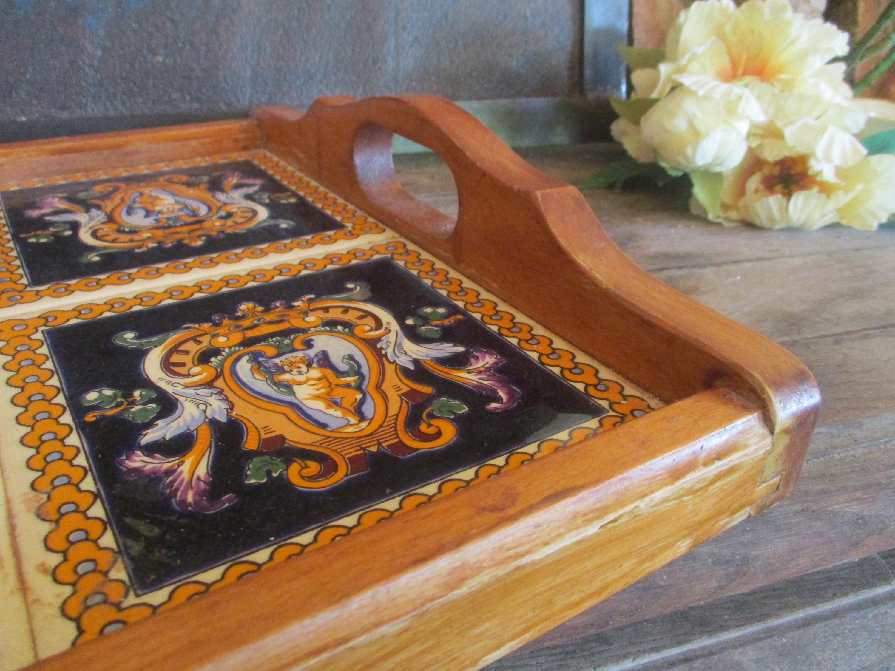 Vintage Large Wooden Serving Tray GIEN Faience Blue Tiles With