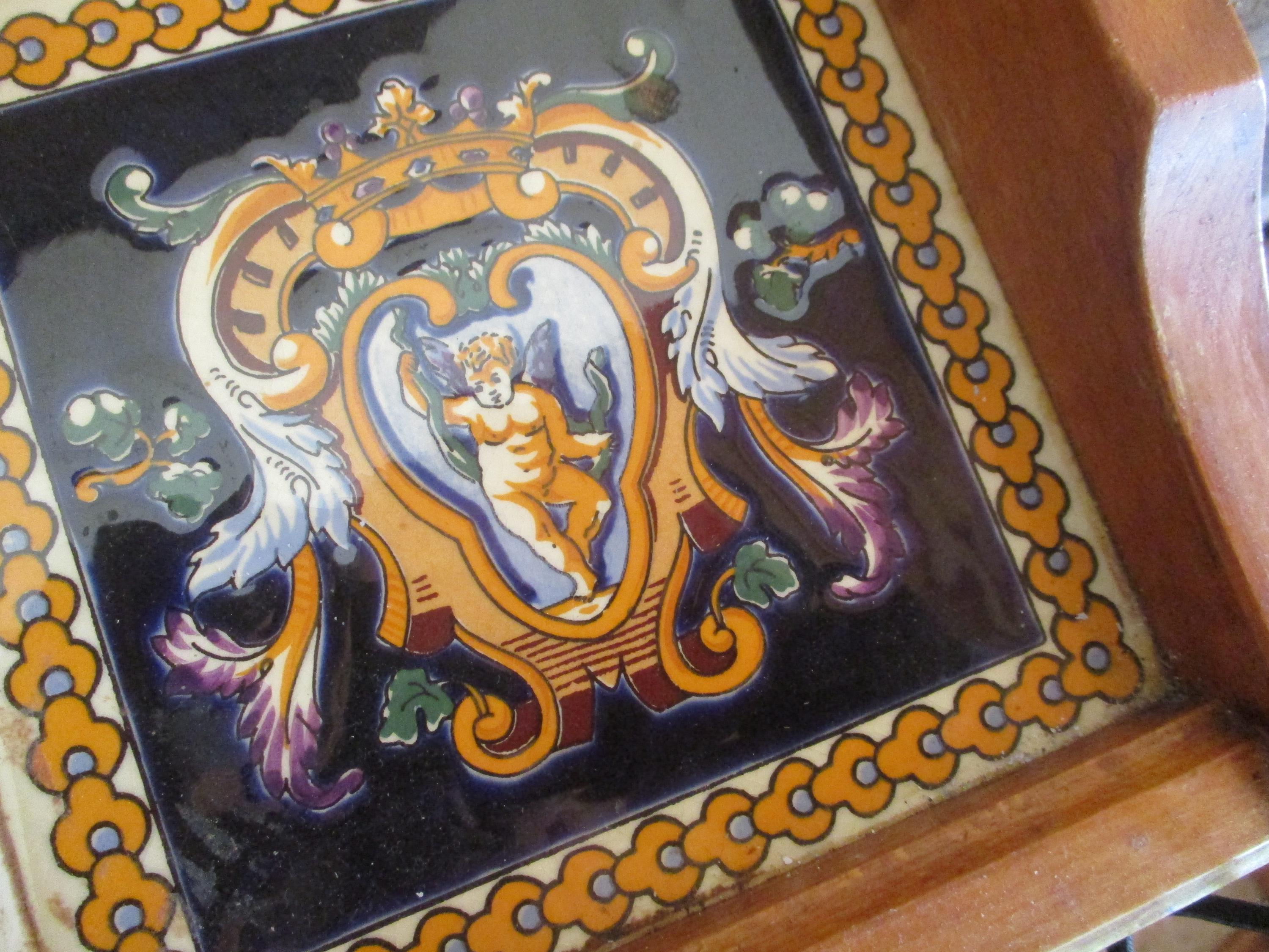 Vintage Large Wooden Serving Tray GIEN Faience Blue Tiles With