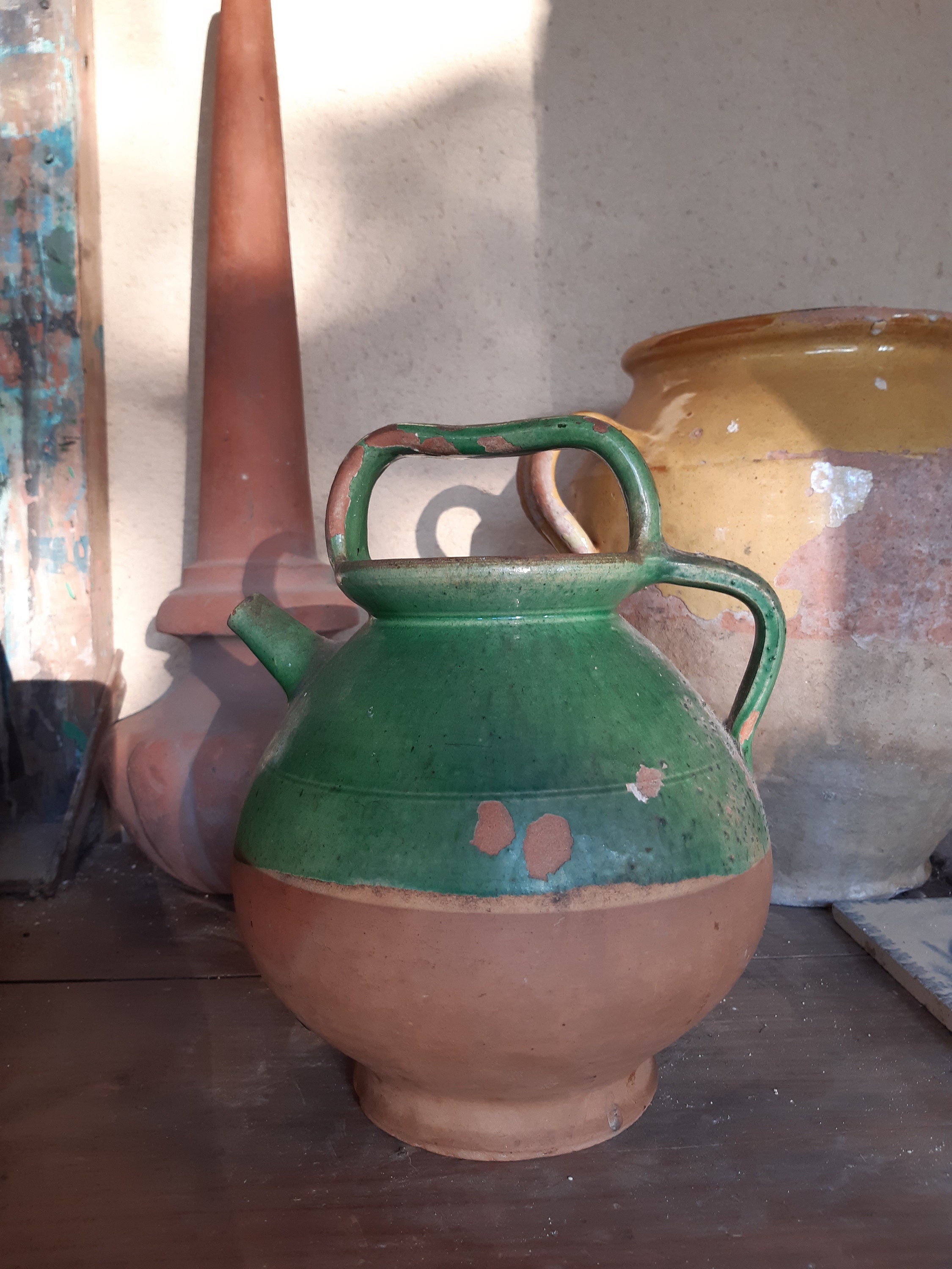 Vieux Français Vert Glazed Water Pitcher Gargoulette Pottery Provence