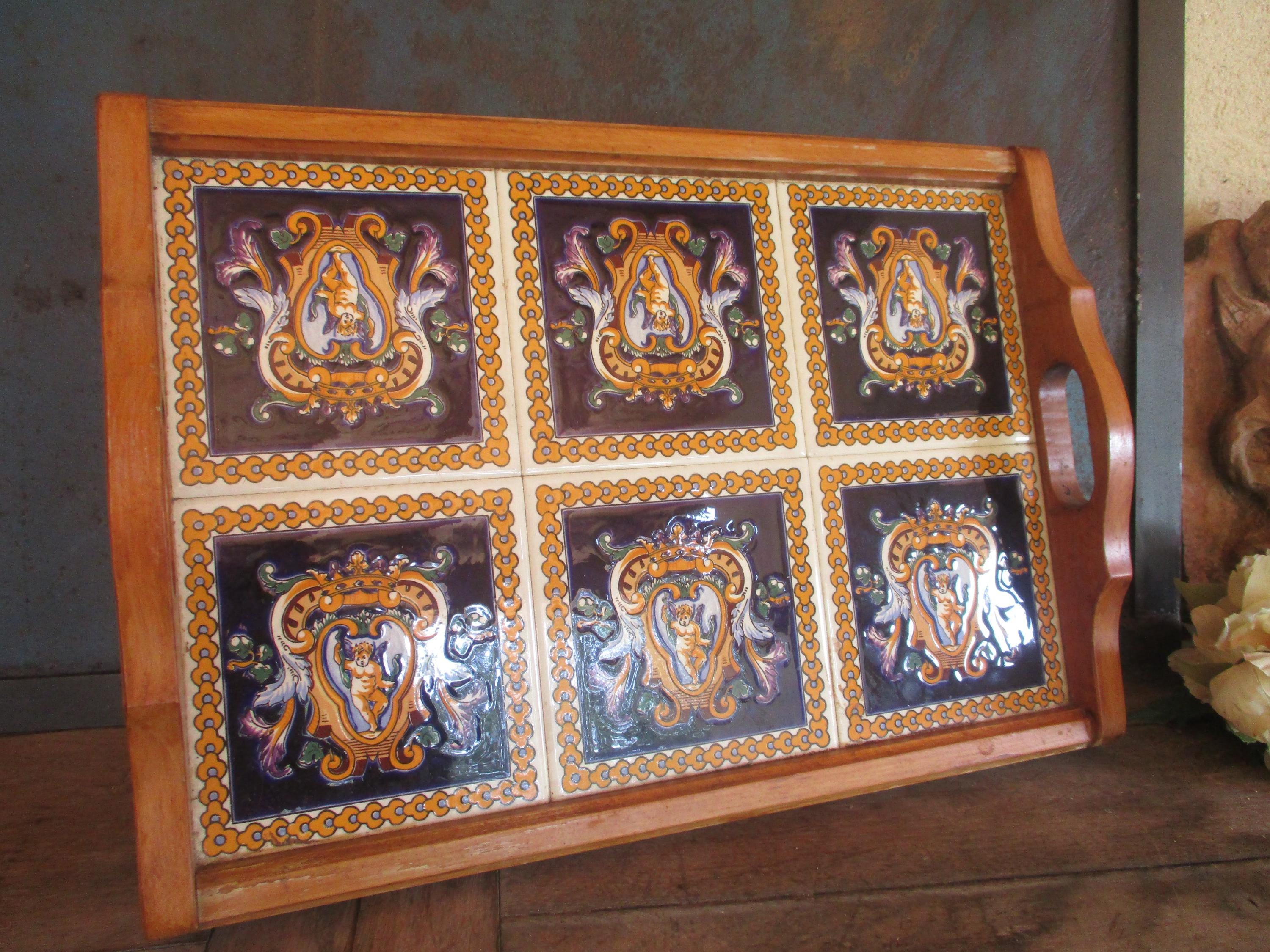 Vintage Large Wooden Serving Tray GIEN Faience Blue Tiles With