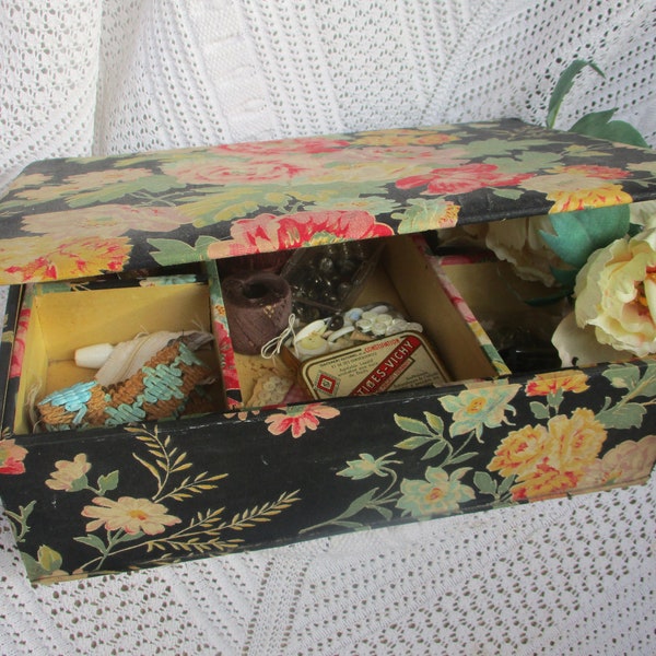 French Antique Fabric Covered SEWING BOX Sampler Boite à Couture Napoleon III Fabric Pink Peonies