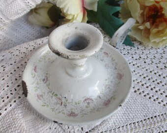 Bougeoir à Main Ancien En Tôle émaillée - Décor Fleurs Roses - Vintage Collection