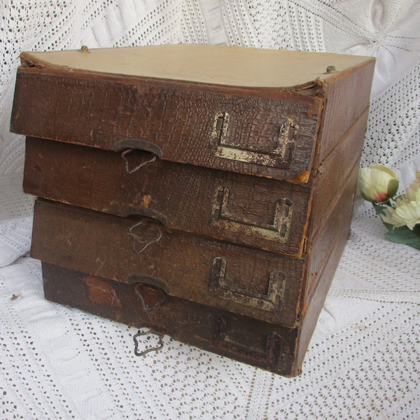 Antique french CARDBOARD of Notary 4 Drawers with Zipper circa 1850 carton Extensible Shannon